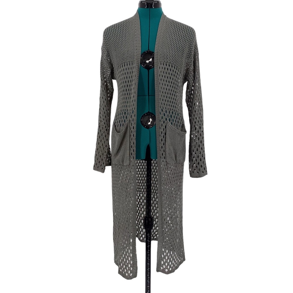 Minkas Taupe Mesh Knit Open Front Long Cardigan with Pockets, Small